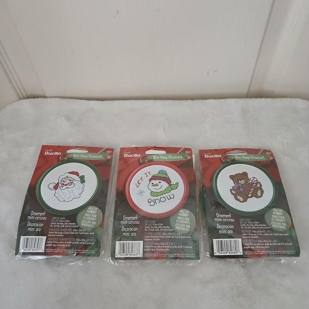 NEW Y2K VTG 3 Bucilla Mini Hoop Cross Stitch Ornament Kits Santa Snowman Bear